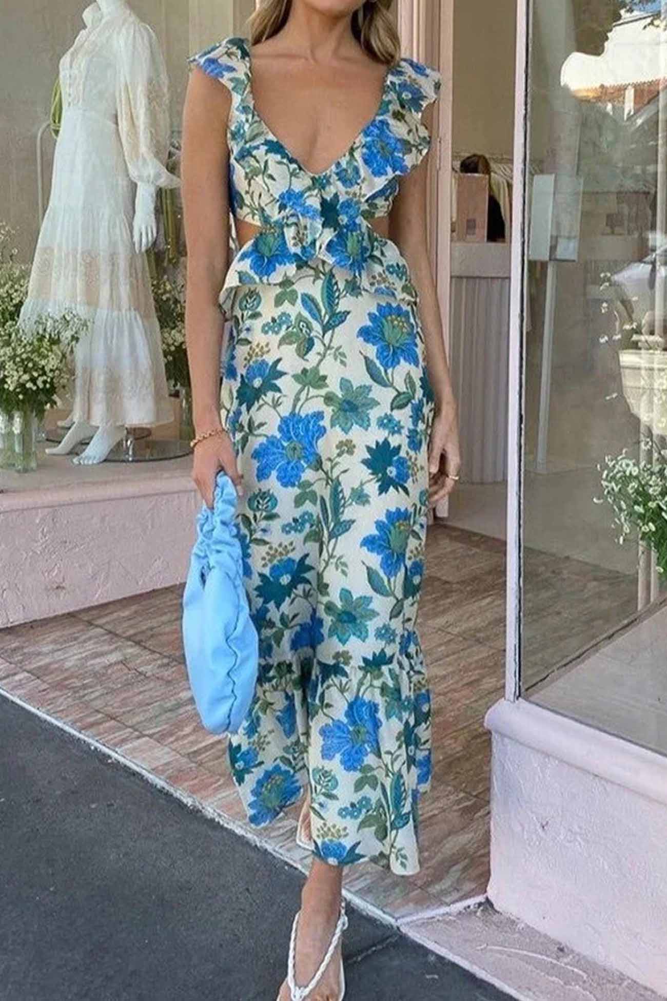 Emma - Flowy Women's Wedding Guest Maxi Dress with Ruffle Neckline and Floral Print