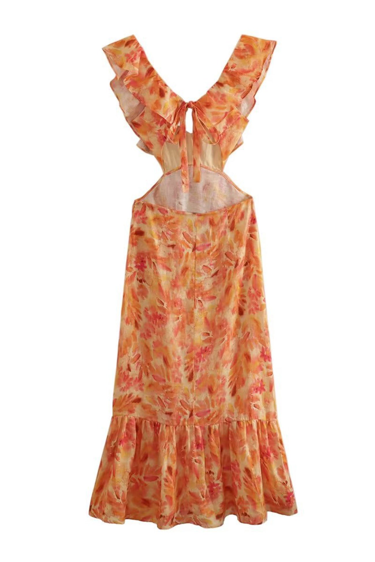 Emma - Flowy Women's Wedding Guest Maxi Dress with Ruffle Neckline and Floral Print
