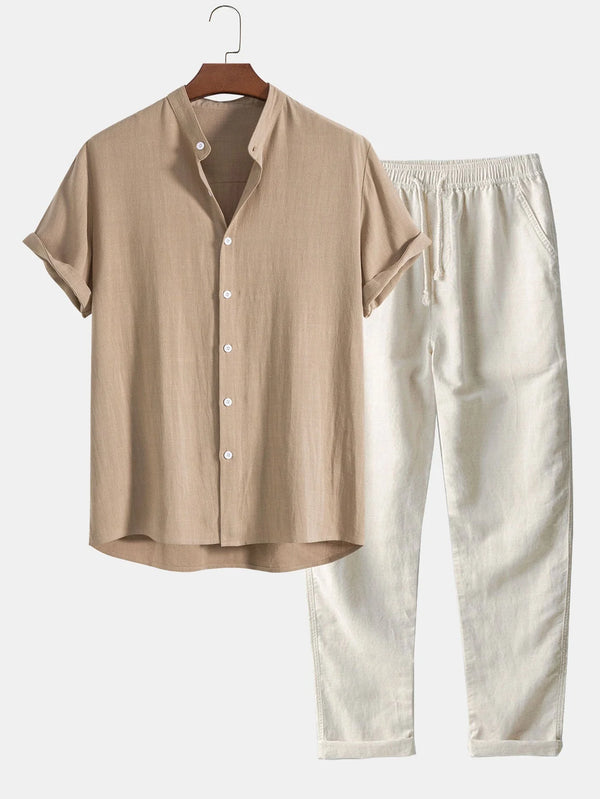 Ethan - Casual Men's Linen 2pc Set with Short Sleeve Shirt and Drawstring Pants