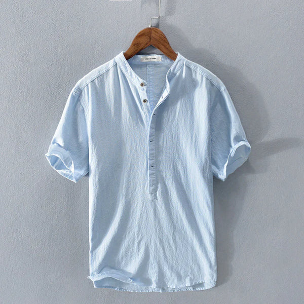 Ethan - Casual Men's Linen Shirt with Short Sleeves and Henley Stand Collar for Summer