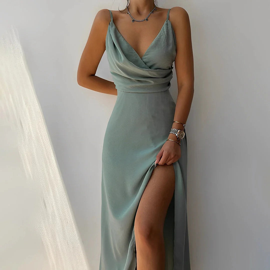 Evelyn - Elegant Women's Wedding Guest Dress with Cowl Neck and Thigh Slit