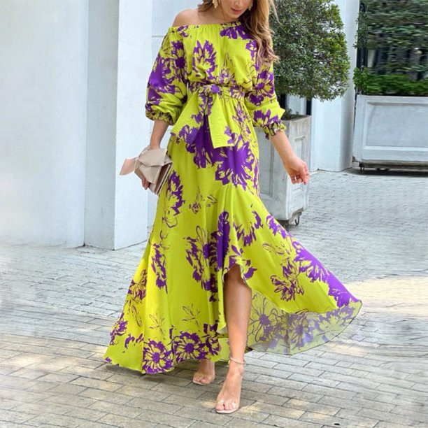 Evelyn - Flowy Women's Wedding Guest Maxi Dress with Off-Shoulder Neckline and Floral Print