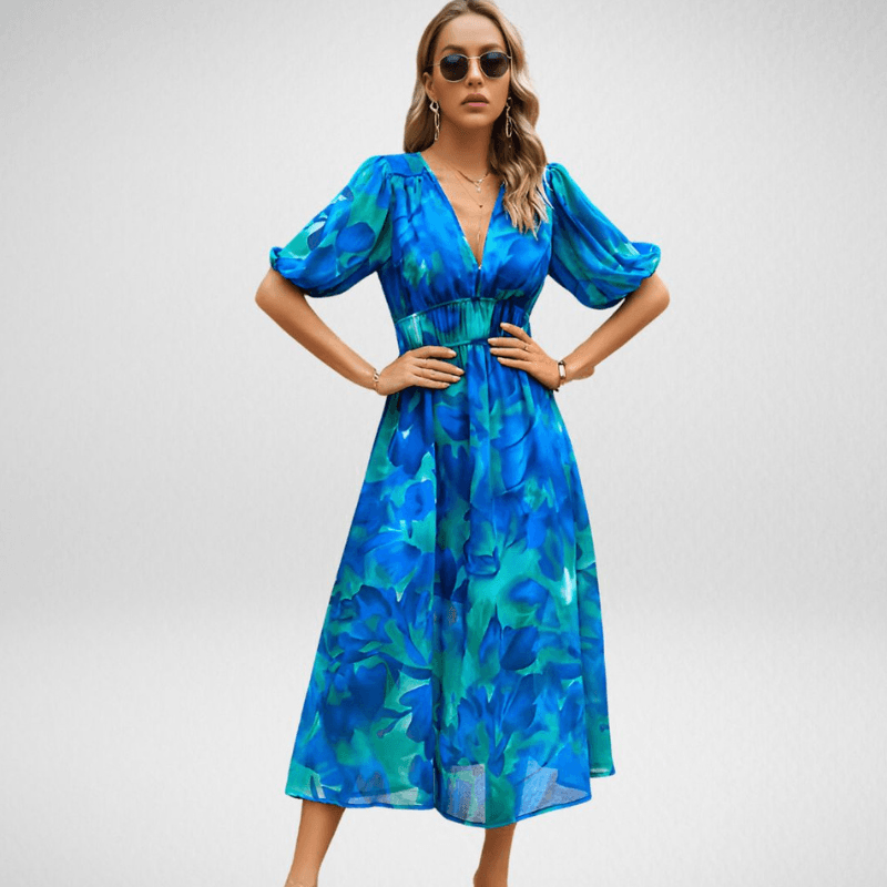Grace - Chic Women's Wedding Guest Midi Dress with Puff Sleeves and Wrap V-Neckline