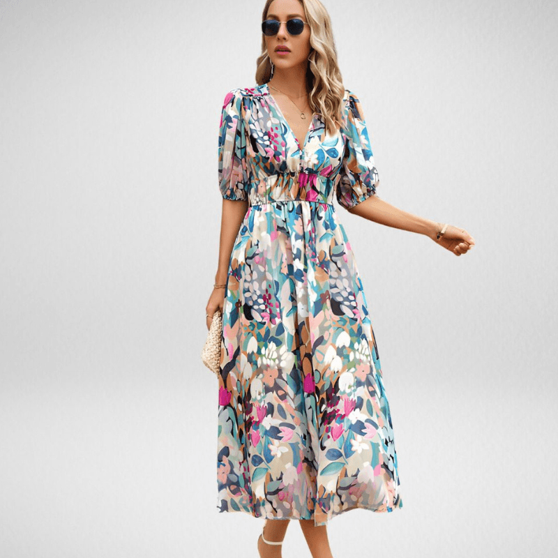Grace - Chic Women's Wedding Guest Midi Dress with Puff Sleeves and Wrap V-Neckline