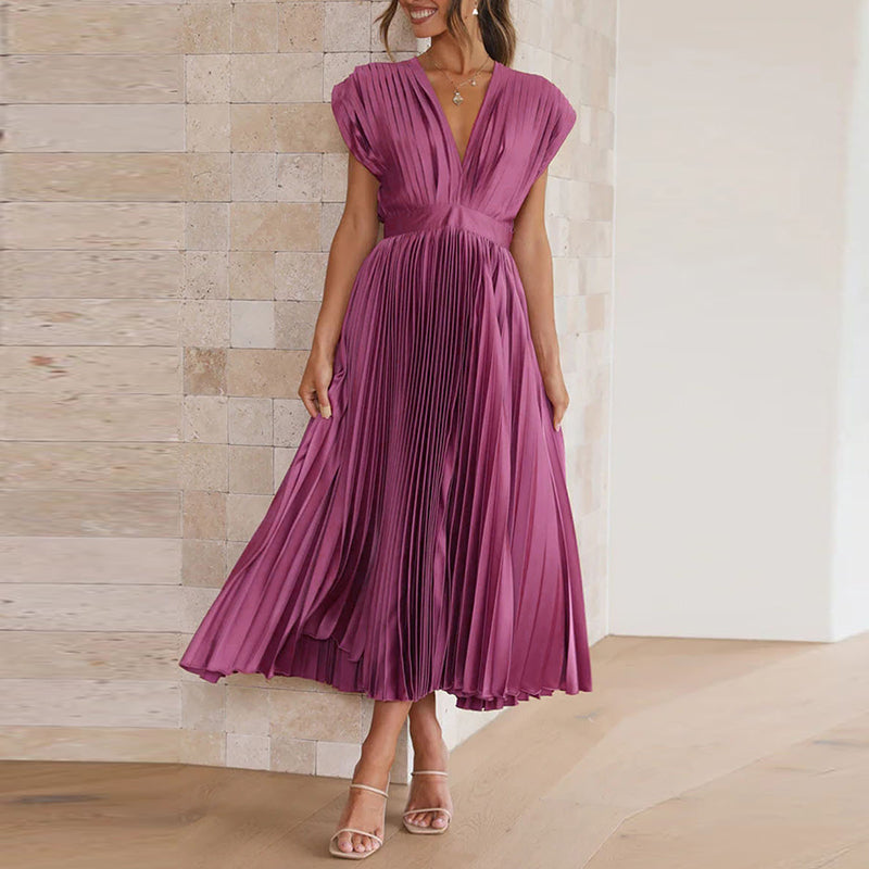 Grace - Flowy Women's Wedding Guest Dress with Deep V-Neck and Pleated Midi Skirt