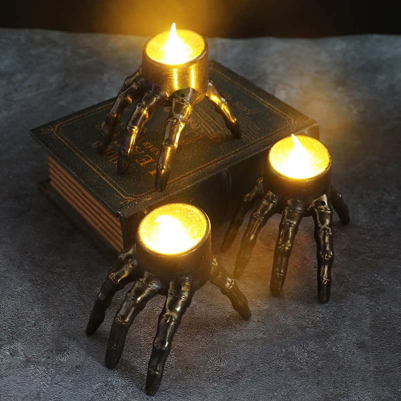Halloween LED Candle Decoration | Skeleton Hand &amp; Skull Design | Battery Operated Accent Light