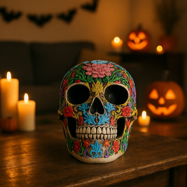 Halloween Skull Sculpture | Detailed Resin Decor | Haunted Tabletop Display