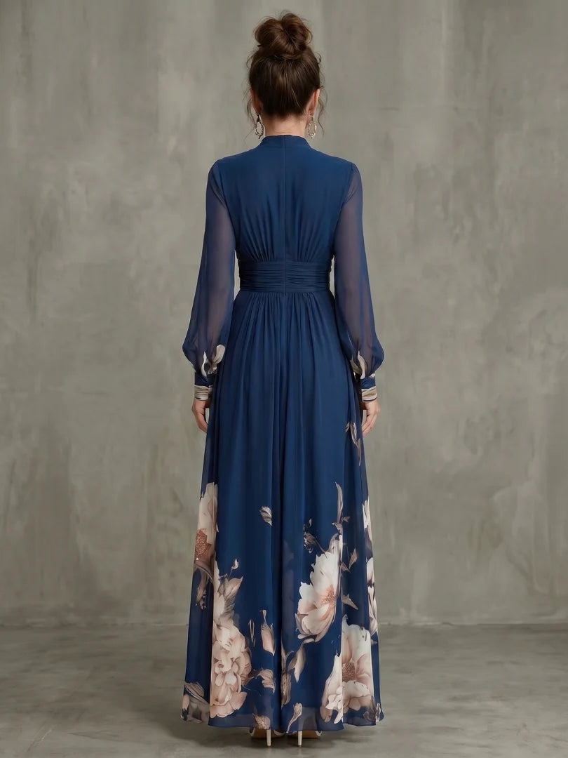 Harper - Elegant Floral Maxi Dress for Women with Deep V-Neck and Sheer Sleeves