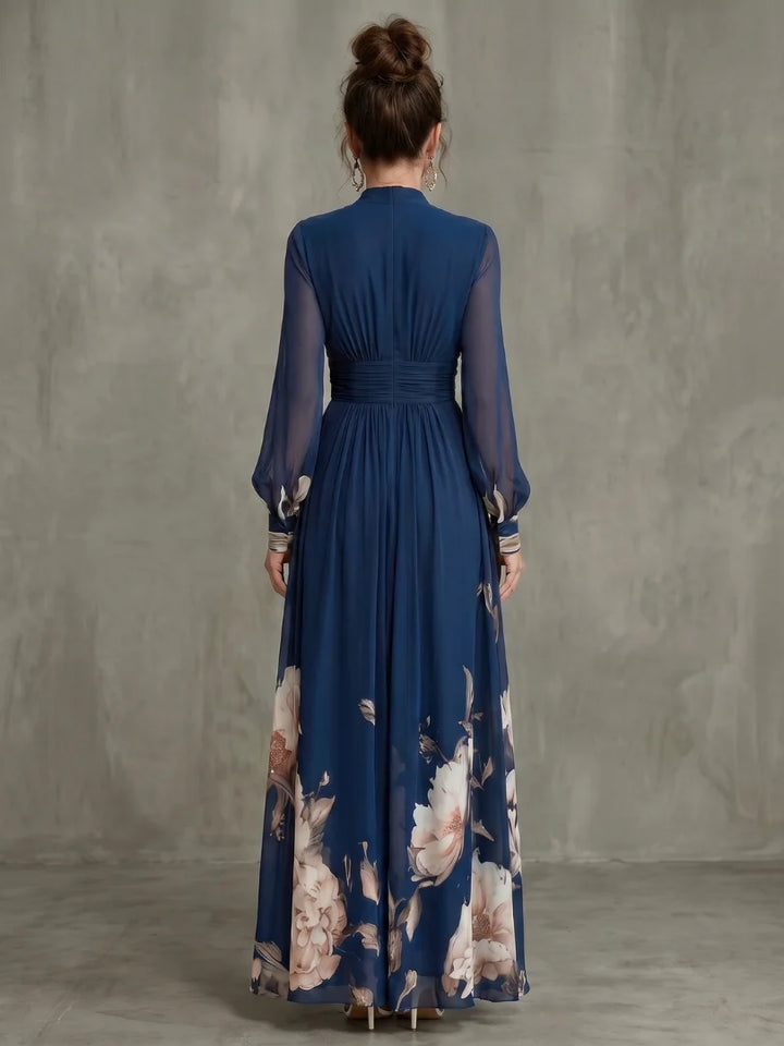 Harper - Elegant Floral Maxi Dress for Women with Deep V-Neck and Sheer Sleeves