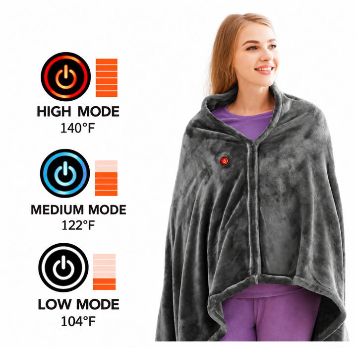 Heated Blanket Shawl | USB Powered | 3 Heat Settings | Plush Fleece | Snap Closure Design