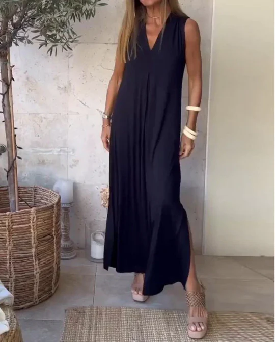 Jade - Minimalist Women's Wedding Guest Maxi Dress with Deep V-Neckline and Side Split