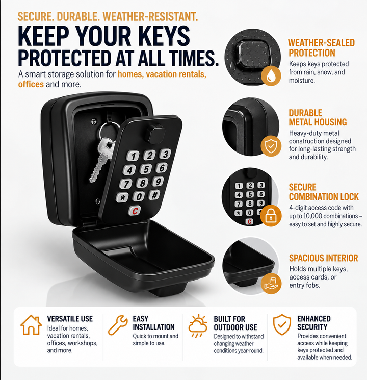 Key Lock Box | Weather-Resistant Metal Construction | Wall Mounted Security Storage