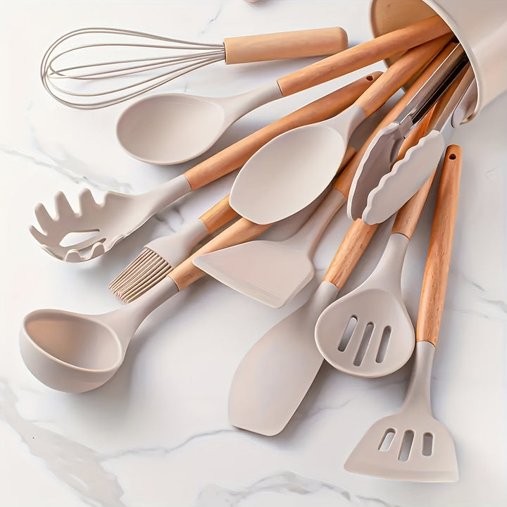 Kitchen Utensil Set | 12-Piece Silicone Cooking Tools | Heat Resistant | Wooden Handles