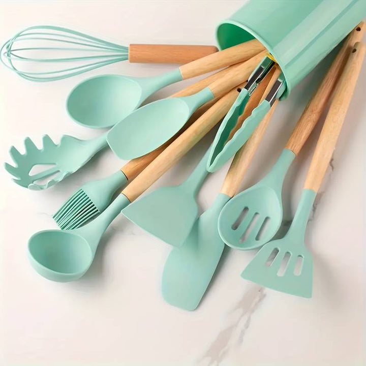 Kitchen Utensil Set | 12-Piece Silicone Cooking Tools | Heat Resistant | Wooden Handles