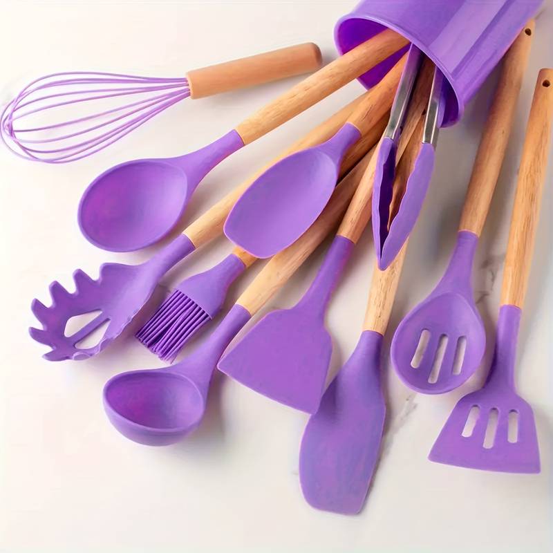 Kitchen Utensil Set | 12-Piece Silicone Cooking Tools | Heat Resistant | Wooden Handles