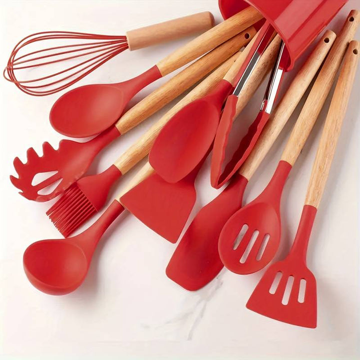 Kitchen Utensil Set | 12-Piece Silicone Cooking Tools | Heat Resistant | Wooden Handles
