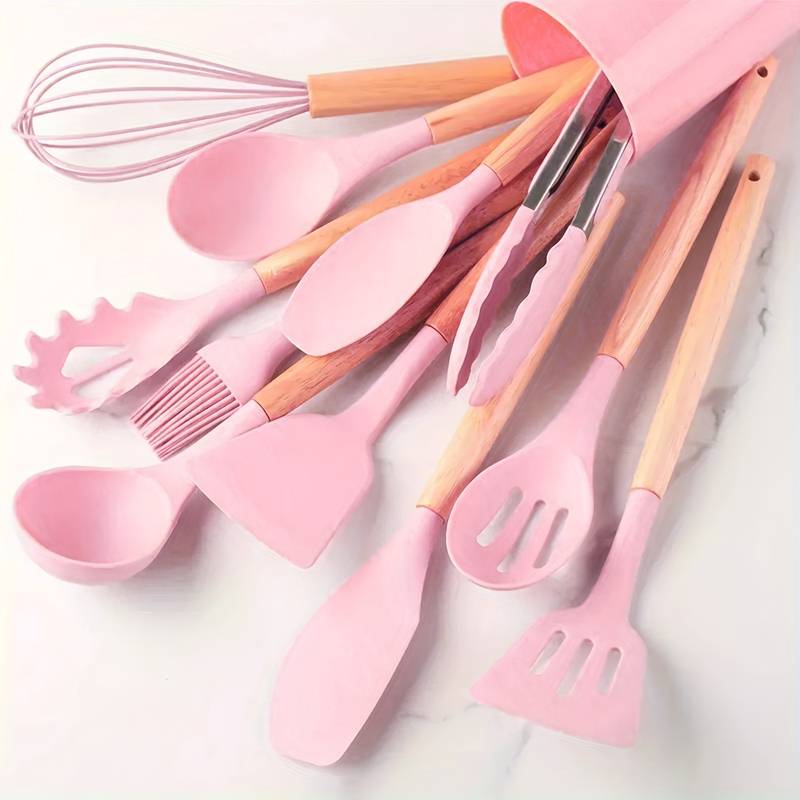 Kitchen Utensil Set | 12-Piece Silicone Cooking Tools | Heat Resistant | Wooden Handles