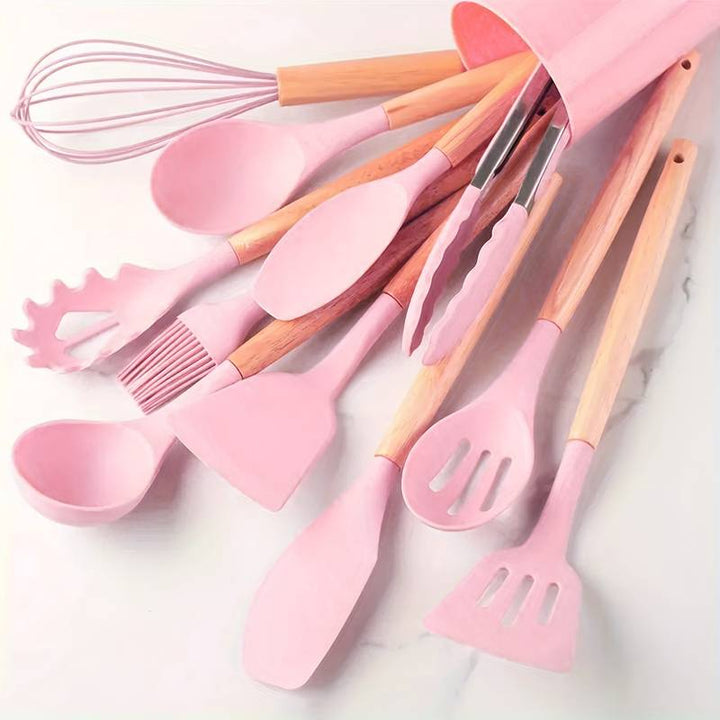 Kitchen Utensil Set | 12-Piece Silicone Cooking Tools | Heat Resistant | Wooden Handles