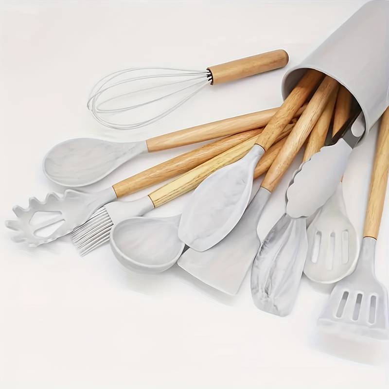 Kitchen Utensil Set | 12-Piece Silicone Cooking Tools | Heat Resistant | Wooden Handles