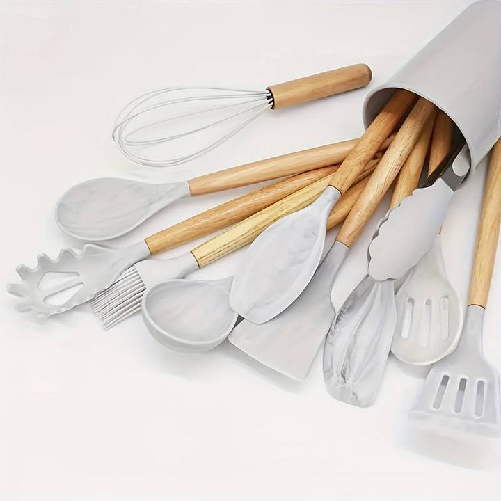 Kitchen Utensil Set | 12-Piece Silicone Cooking Tools | Heat Resistant | Wooden Handles