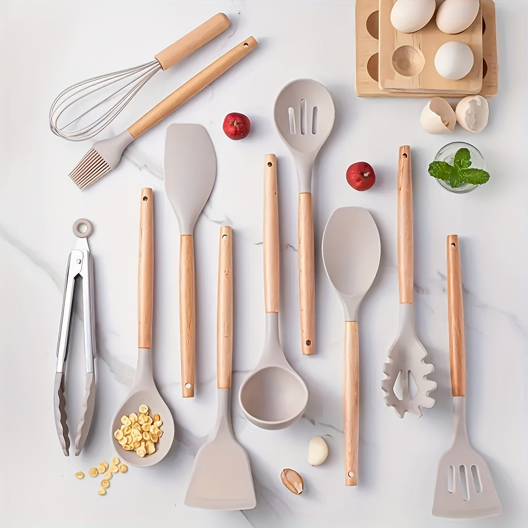 Kitchen Utensil Set | 12-Piece Silicone Cooking Tools | Heat Resistant | Wooden Handles