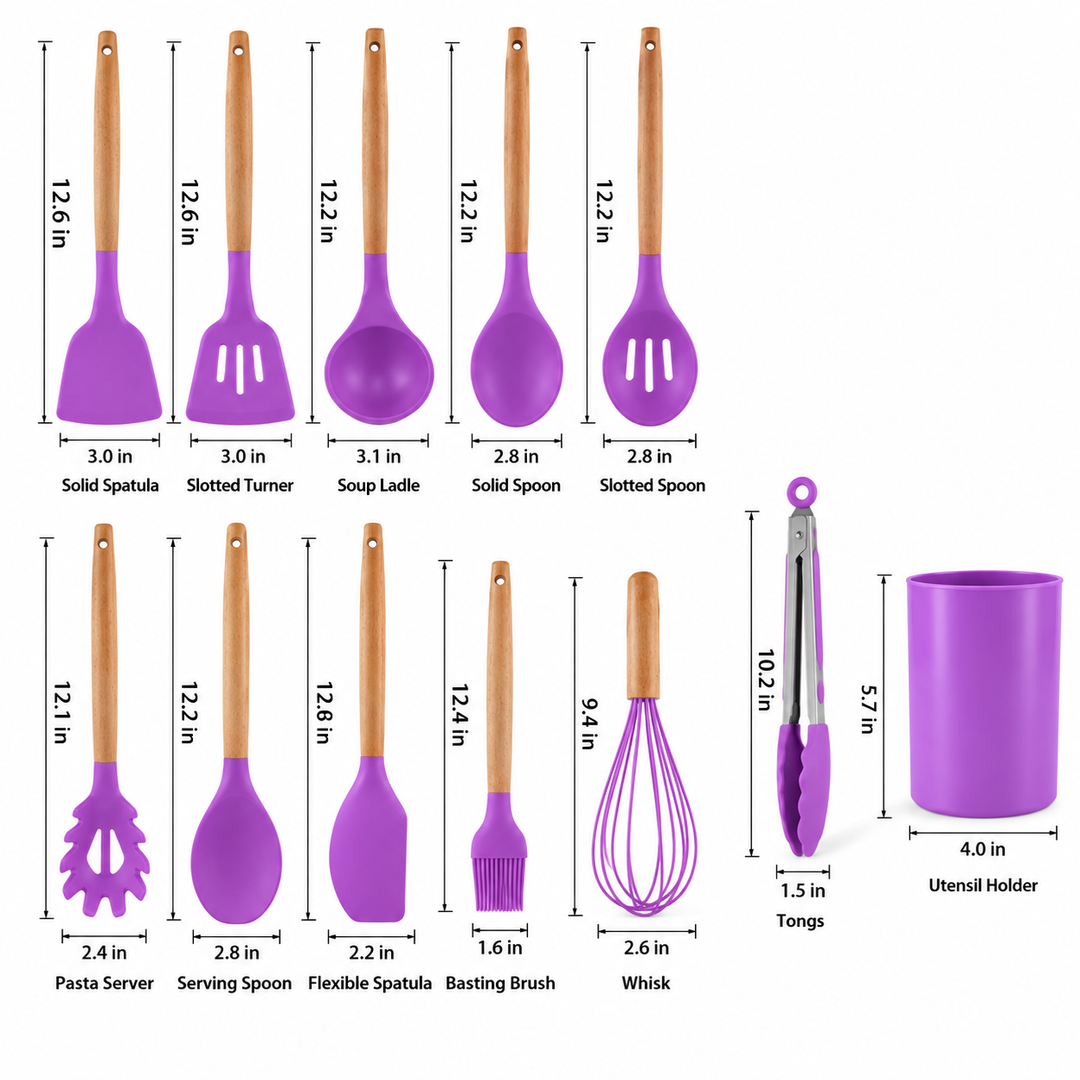 Kitchen Utensil Set | 12-Piece Silicone Cooking Tools | Heat Resistant | Wooden Handles