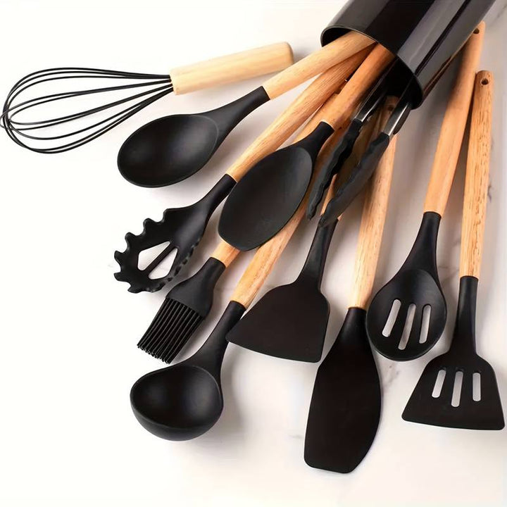 Kitchen Utensil Set | 12-Piece Silicone Cooking Tools | Heat Resistant | Wooden Handles