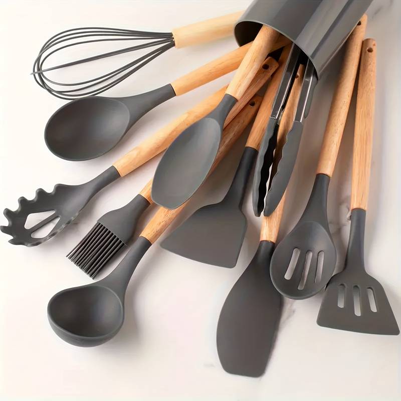 Kitchen Utensil Set | 12-Piece Silicone Cooking Tools | Heat Resistant | Wooden Handles