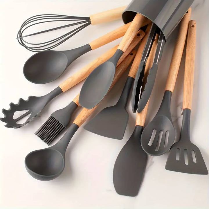 Kitchen Utensil Set | 12-Piece Silicone Cooking Tools | Heat Resistant | Wooden Handles