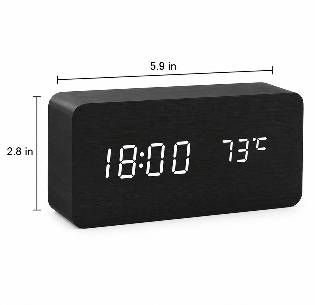 LED Alarm Clock | Voice Control | Wooden Design | Temperature Display &amp; 3 Alarms
