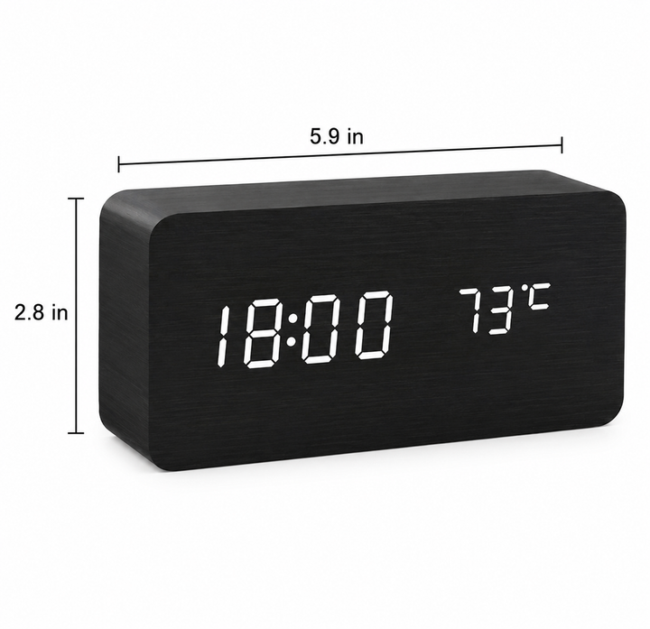 LED Alarm Clock | Voice Control | Wooden Design | Temperature Display &amp; 3 Alarms