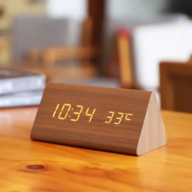 LED Alarm Clock | Voice Control | Wooden Design | Temperature Display &amp; 3 Alarms