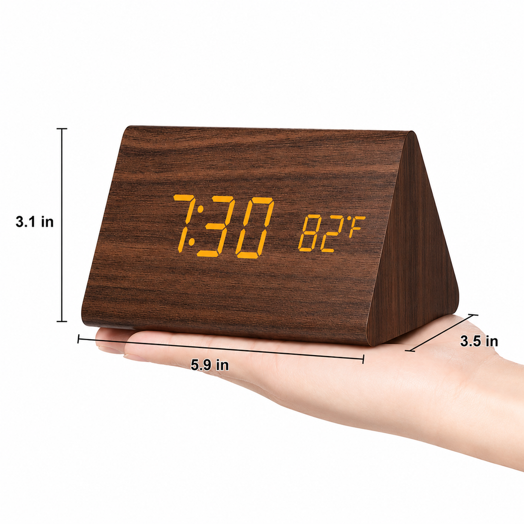 LED Alarm Clock | Voice Control | Wooden Design | Temperature Display &amp; 3 Alarms