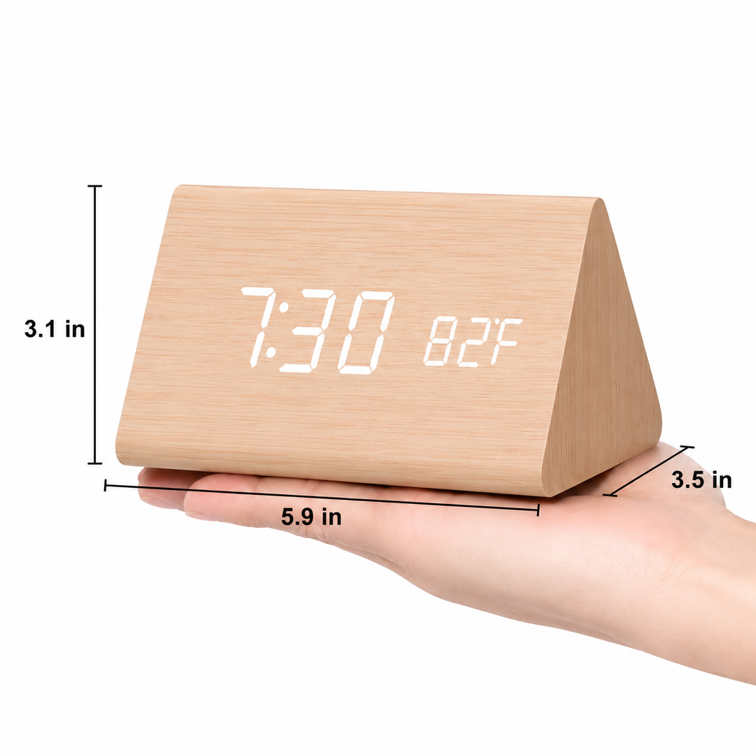 LED Alarm Clock | Voice Control | Wooden Design | Temperature Display &amp; 3 Alarms