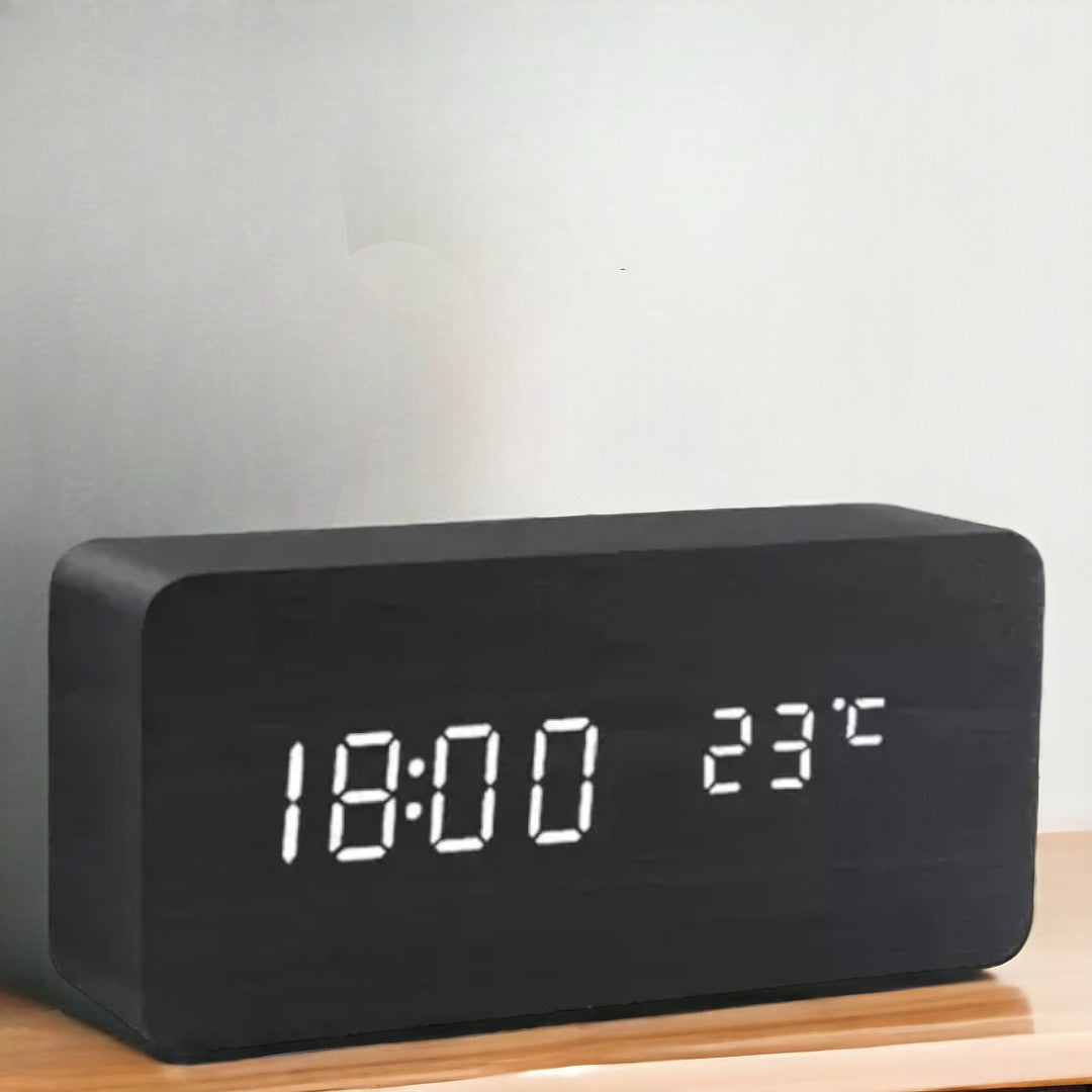 LED Alarm Clock | Voice Control | Wooden Design | Temperature Display &amp; 3 Alarms