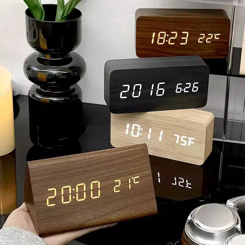 LED Alarm Clock | Voice Control | Wooden Design | Temperature Display &amp; 3 Alarms