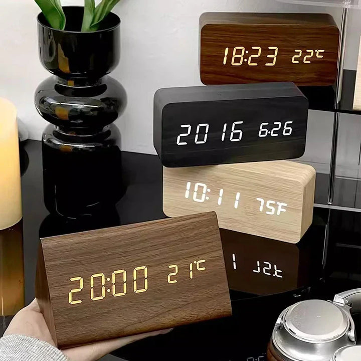 LED Alarm Clock | Voice Control | Wooden Design | Temperature Display &amp; 3 Alarms