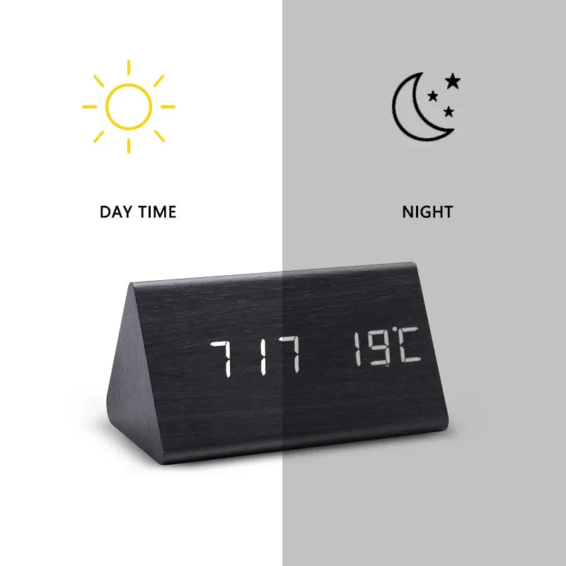 LED Alarm Clock | Voice Control | Wooden Design | Temperature Display &amp; 3 Alarms