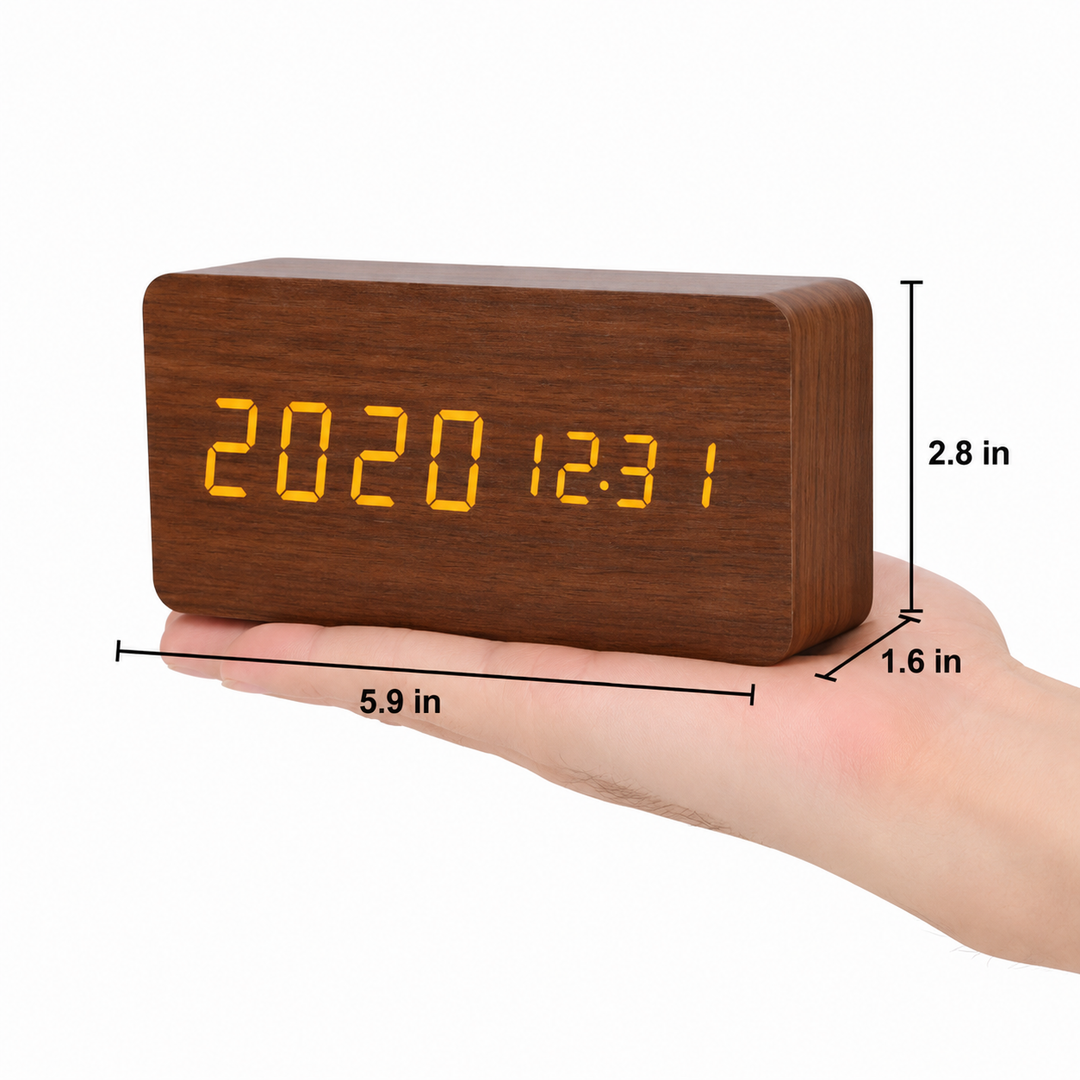 LED Alarm Clock | Voice Control | Wooden Design | Temperature Display &amp; 3 Alarms