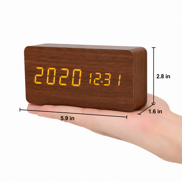 LED Alarm Clock | Voice Control | Wooden Design | Temperature Display &amp; 3 Alarms