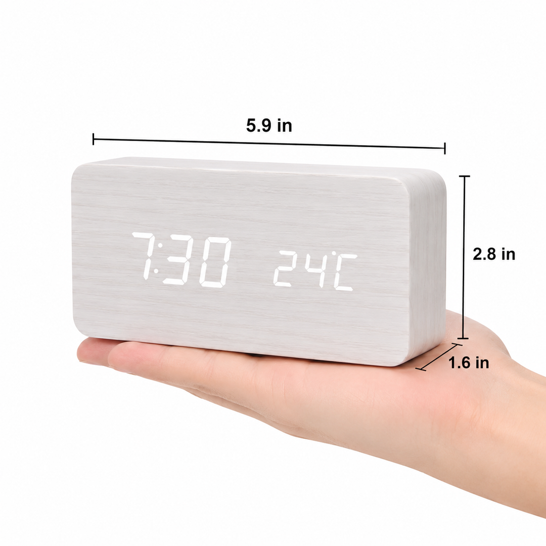 LED Alarm Clock | Voice Control | Wooden Design | Temperature Display &amp; 3 Alarms