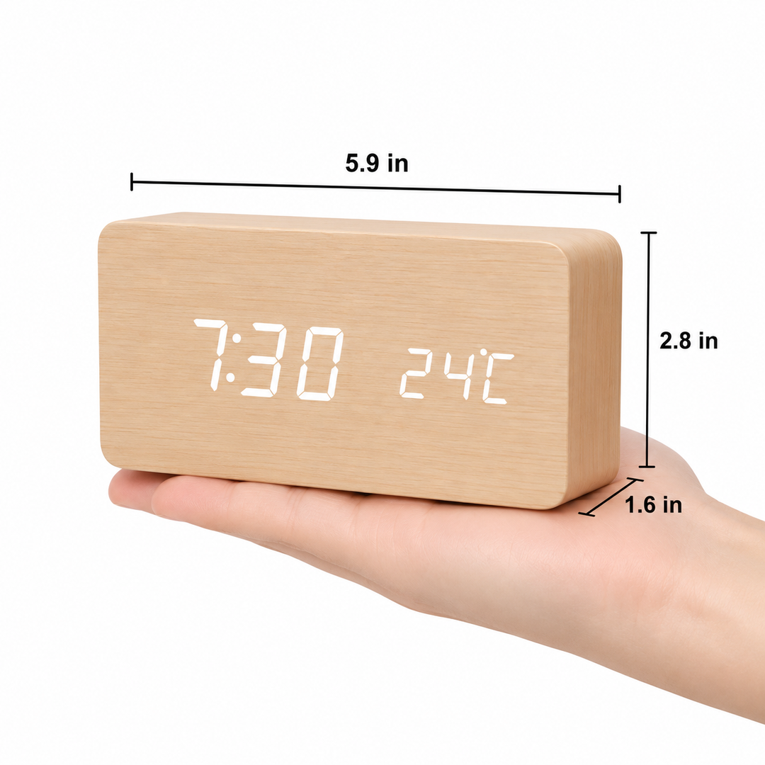 LED Alarm Clock | Voice Control | Wooden Design | Temperature Display &amp; 3 Alarms
