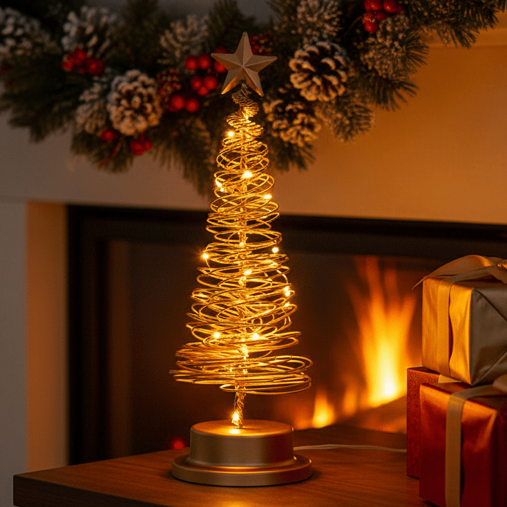 LED Christmas Tree Decoration | Spiral Design &amp; Star Topper | Warm White Lights | 12.99-Inch Tabletop Decor