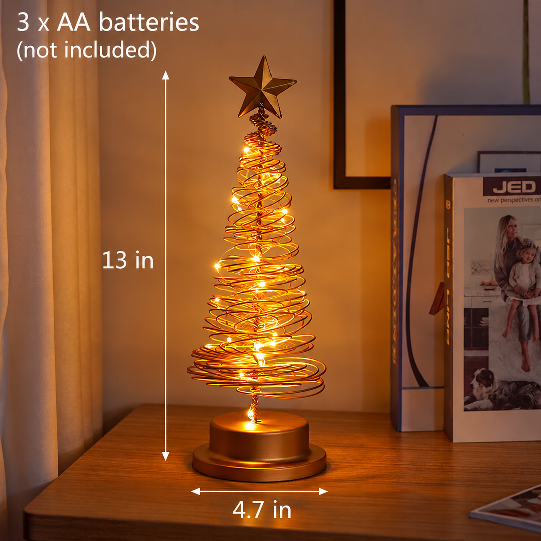 LED Christmas Tree Decoration | Spiral Design &amp; Star Topper | Warm White Lights | 12.99-Inch Tabletop Decor
