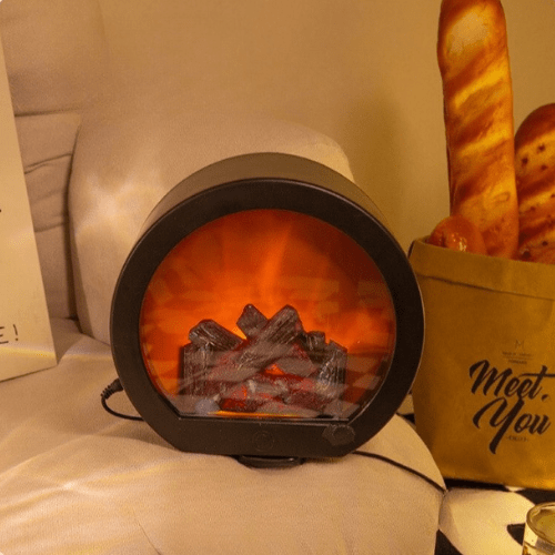 LED Fireplace Table Lamp | Flickering Flame Effect | USB &amp; Battery Powered | Rustic Design