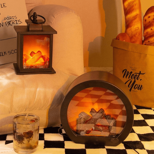 LED Fireplace Table Lamp | Flickering Flame Effect | USB &amp; Battery Powered | Rustic Design
