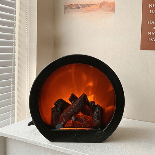 LED Fireplace Table Lamp | Flickering Flame Effect | USB &amp; Battery Powered | Rustic Design