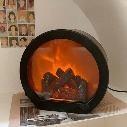 LED Fireplace Table Lamp | Flickering Flame Effect | USB &amp; Battery Powered | Rustic Design