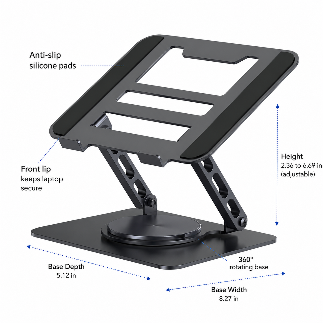 Laptop Stand | 360° Rotating Base | Adjustable Aluminum Design | Fits Laptops Up to 17 in