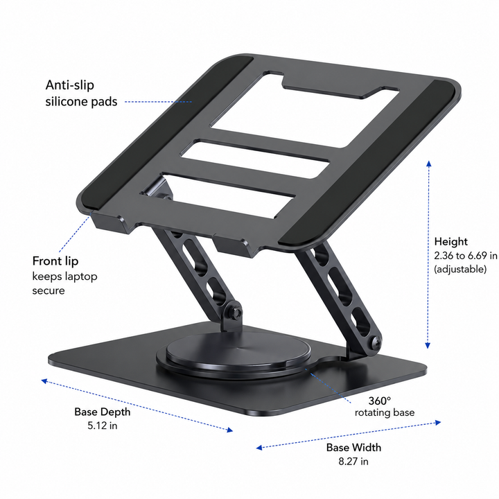 Laptop Stand | 360° Rotating Base | Adjustable Aluminum Design | Fits Laptops Up to 17 in